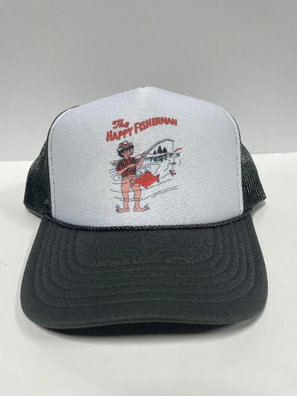 Beanies & headbands for cable patterns-The Happy Fisherman on a Gray Mesh Trucker SnapBack Hat Cap Custom Printed