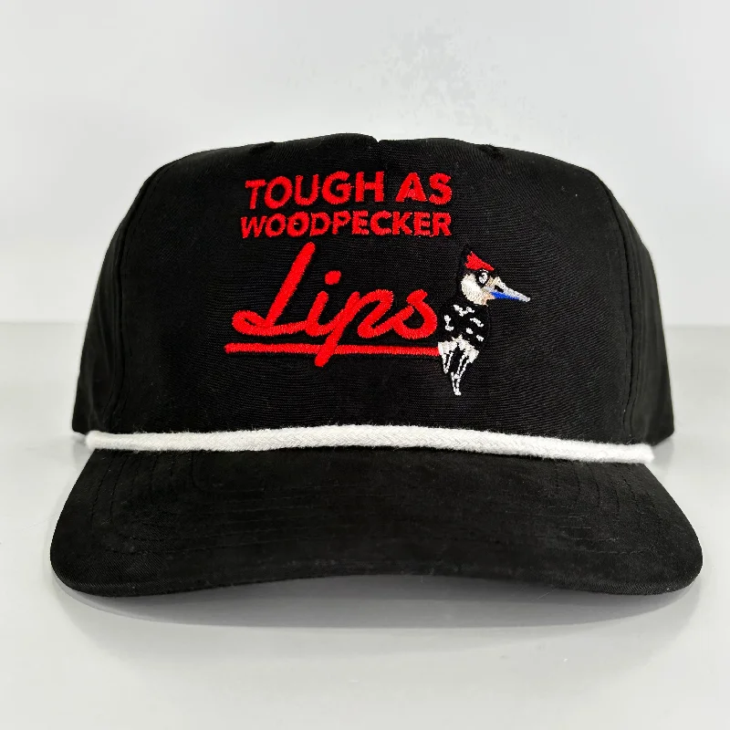 Beanies & headbands for vacation trips-Tough as Woodpecker’s Lips Rope Black Snapback Hat Cap Collab Justin Stagner Southern Grandpa Custom Embroidered