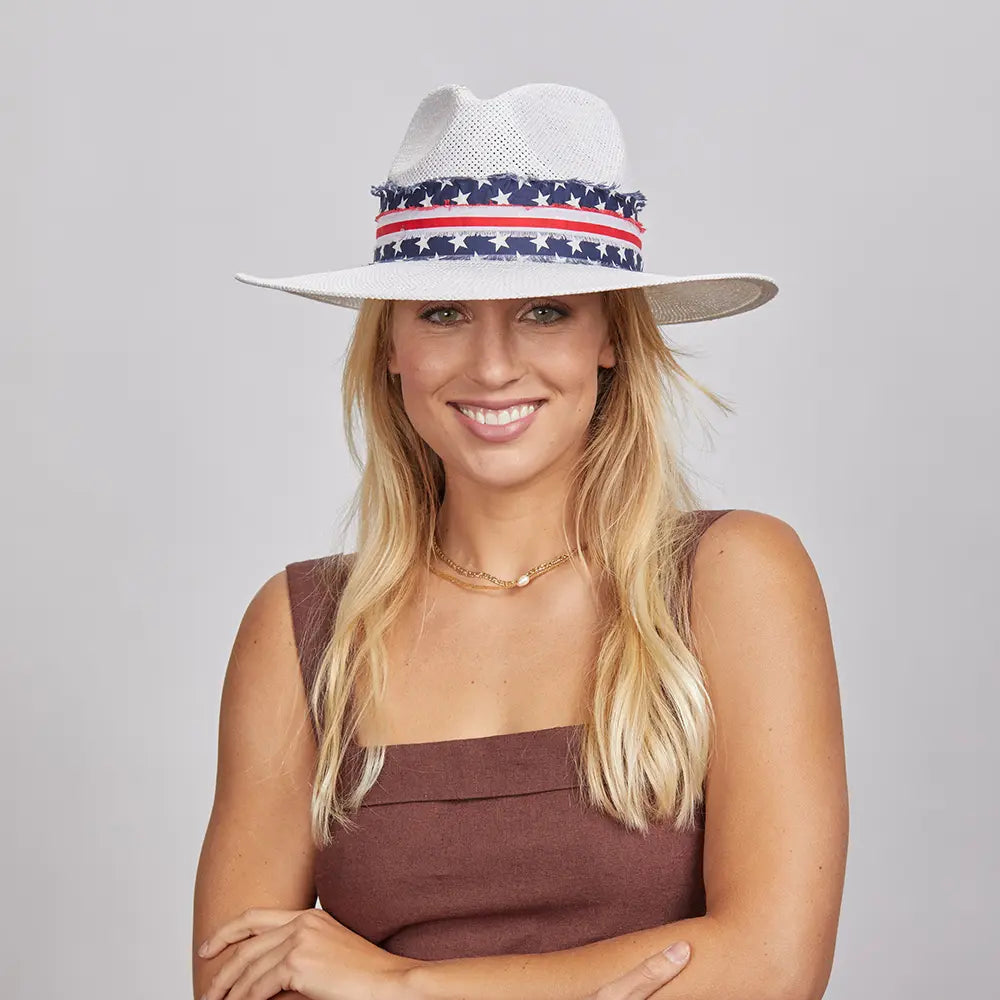 Womens Hats with braid edges-Knox | Womens White Straw Sun Hat with Flag Hat Band