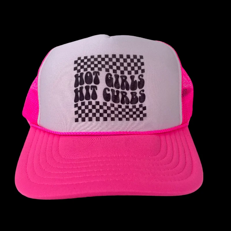 Beanies & headbands for gradient styles-Hot girls hit curbs Mesh Trucker Neon Pink SnapBack Hat Cap Custom Print