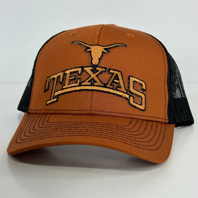 Beanies & headbands for DIY vibes-Custom Texas Longhorns Patch on a orange SnapBack Black Mesh Hat Cap