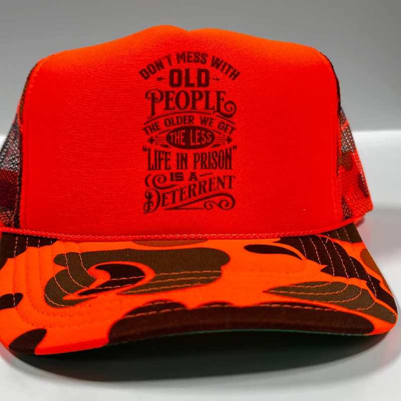 Beanies & headbands for prep fashion-Don’t mess with old people Funny orange camouflage mesh Trucker Snapback Hat Custom Printed