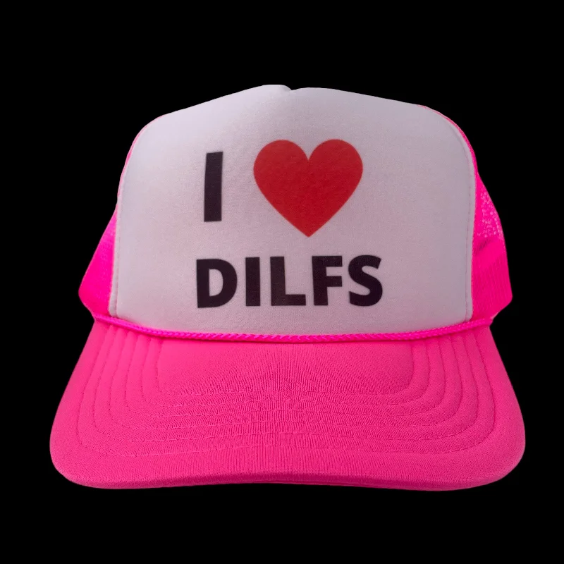 Beanies & headbands for logo prints-I love DILFS print on a neon pink Mesh Trucker SnapBack Hat Cap Custom Print