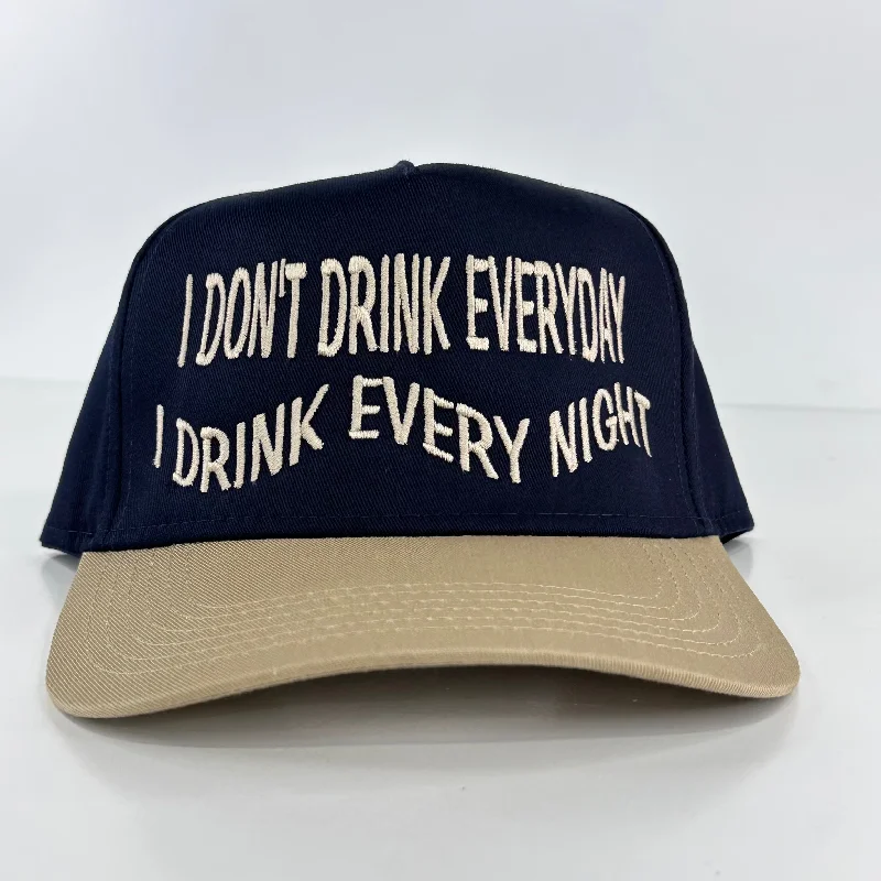 Beanies & headbands for ring styles-I don’t drink everyday I drink every night on a navy crown khaki brim SnapBack Hat Cap Collab The Izzy Drinks Custom Embroidered