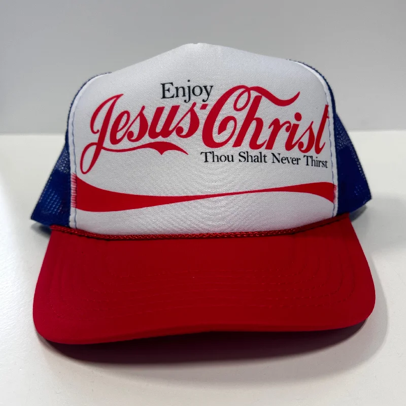 Beanies & headbands for love days-Enjoy Jesus Christ on a vintage red white blue mesh Trucker SnapBack Hat Cap Custom Printed