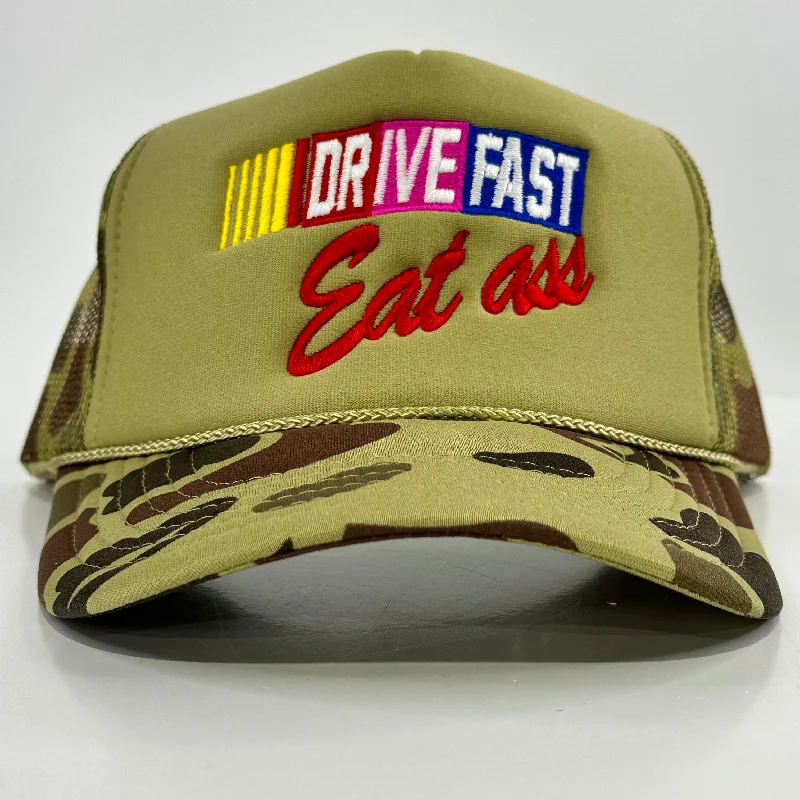 Beanies & headbands for tech geeks-DRIVE FAST Funny CAMO Mesh Trucker SnapBack Cap Hat Custom Embroidered Collab Rowdy Roger