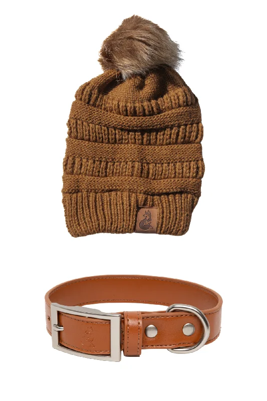 Beanies & headbands for all fits-Brown Knit Hat with Pom and Vegan Leather Dog Collar Matching Set