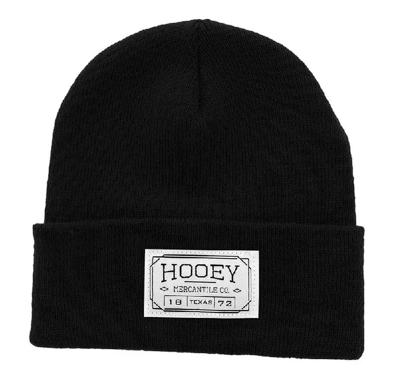 Beanies & headbands for office vibes-"Hooey Beanie" Black w/Mercantile Rectangle Patch