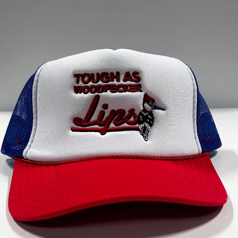 Beanies & headbands for water repellent-Tough as Woodpecker’s Lips Red White Blue Mesh Trucker Snapback Hat Cap Collab Justin Stagner Southern Grandpa Custom Embroidered