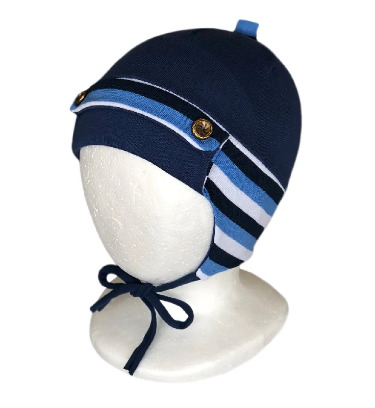 Beanies & headbands for tee looks-Baby Boy Knitted Winter Hat Navy Blue Covers Ears With Strings