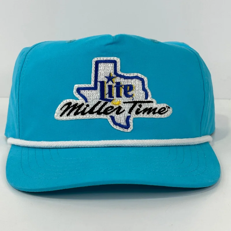 Beanies & headbands for stitch pros-Custom Lite Miller Patch Time on a teal SnapBack Hat Cap With white Rope Sewed