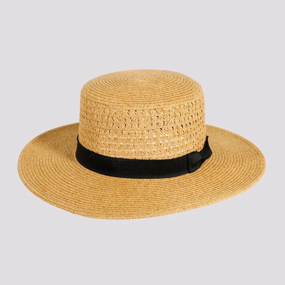 Womens Hats in nutmeg tan-Rialto | Womens Sewn Paper Braid Boater Sun Hat with Ribbon Band