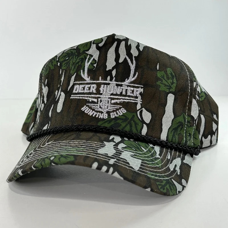 Beanies & headbands for garden care-DEER HUNTER HUNTING CLUB HAT On a Vintage 90s CAMO Rope SnapBack Cap ￼Custom Embroidery