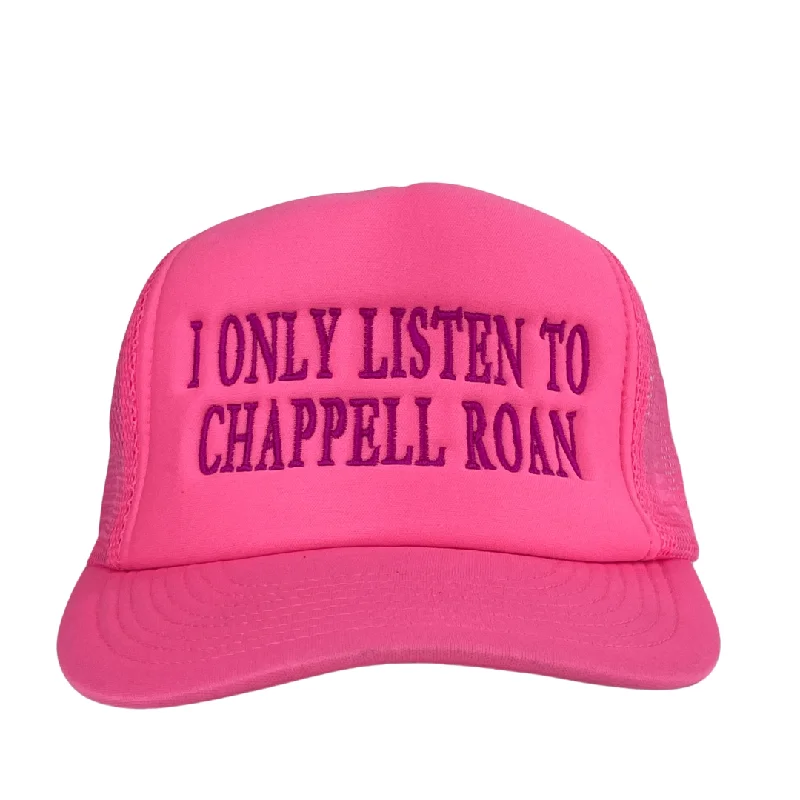 Beanies & headbands for layer looks-I Only Listen To Chappell Roan Pink Mesh Custom Embroidered Hat