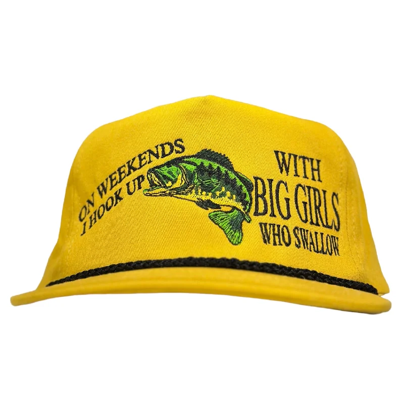 Beanies & headbands for boho flair-ON WEEKENDS I HOOK UP WITH BIG GIRLS WHO SWALLOW Mustard Rope SnapBack Hat Cap Funny Fishing Custom Embroidered