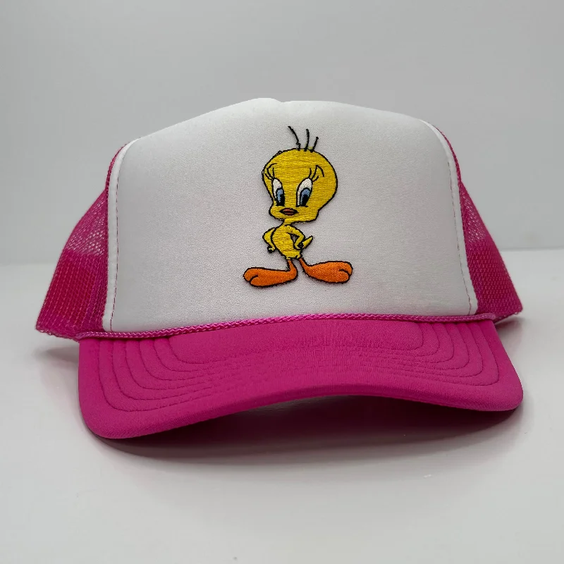 Beanies & headbands for extras-Tweety bird Vintage Patch Pink Mesh Trucker Cap SnapBack Hat Custom Patch Hat