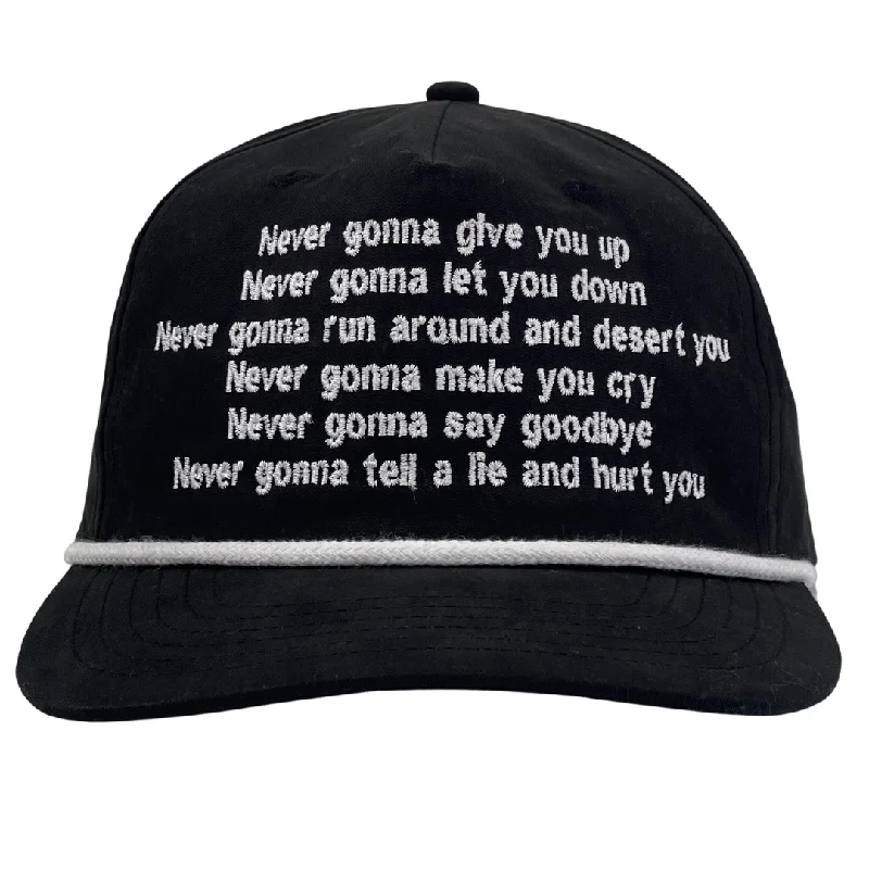 Beanies & headbands for sock pairs-Never Gonna Give You Up Black/White Rope SnapBack Custom Embroidered