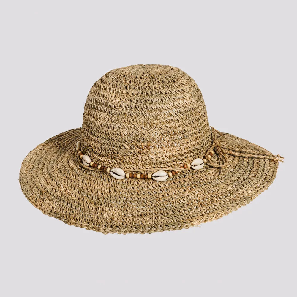 Womens Hats for peak feasts-Starling | Womens Crocheted Seagrass Sun Hat with Cowrie Shell Band