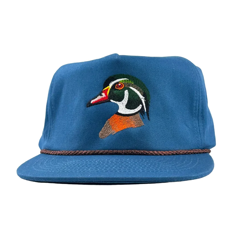 Beanies & headbands for cheap buys-WOOD DUCK on a blue SnapBack hat with rope custom embroidery