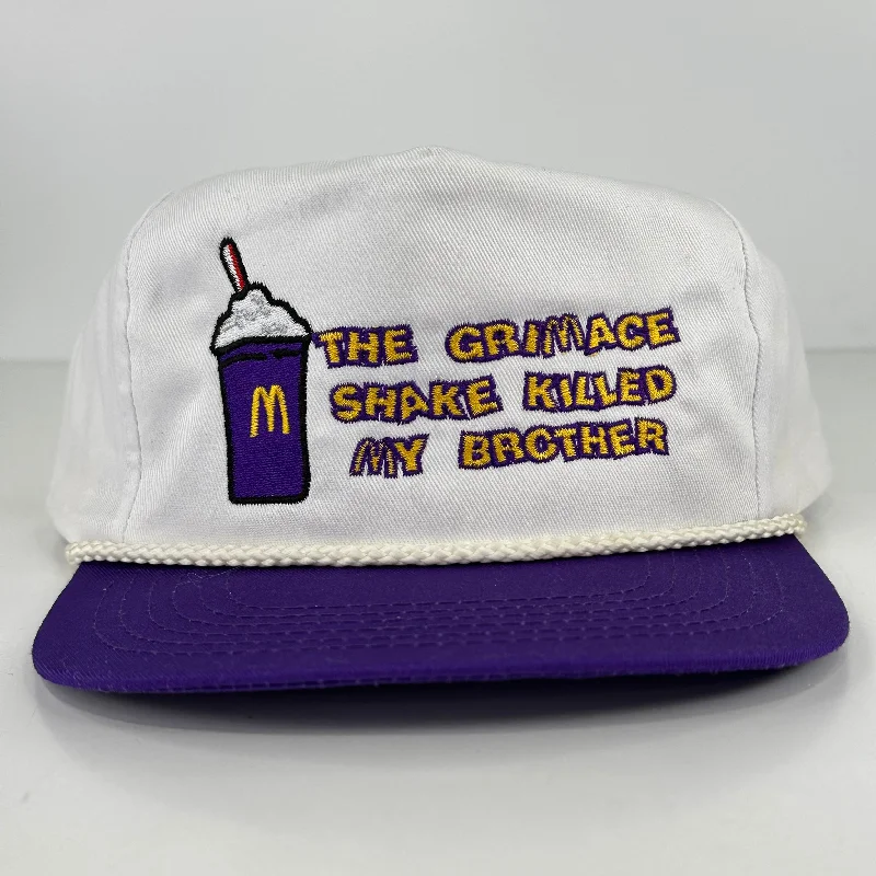 Beanies & headbands for big souls-THE GRIMACE SHAKE KILLED MY BROTHER Purple White Mid Crown Rope SnapBack Cap Inappropriate Funny Hat Custom Embroidered Collab Potent Frog