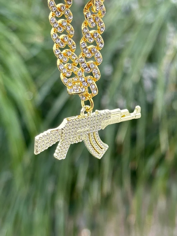 Beanies & headbands for travel bags-*NEW GOLD "AK-47 " ICED OUT CHAIN W/RHINESTONES (VERY LIMITED)