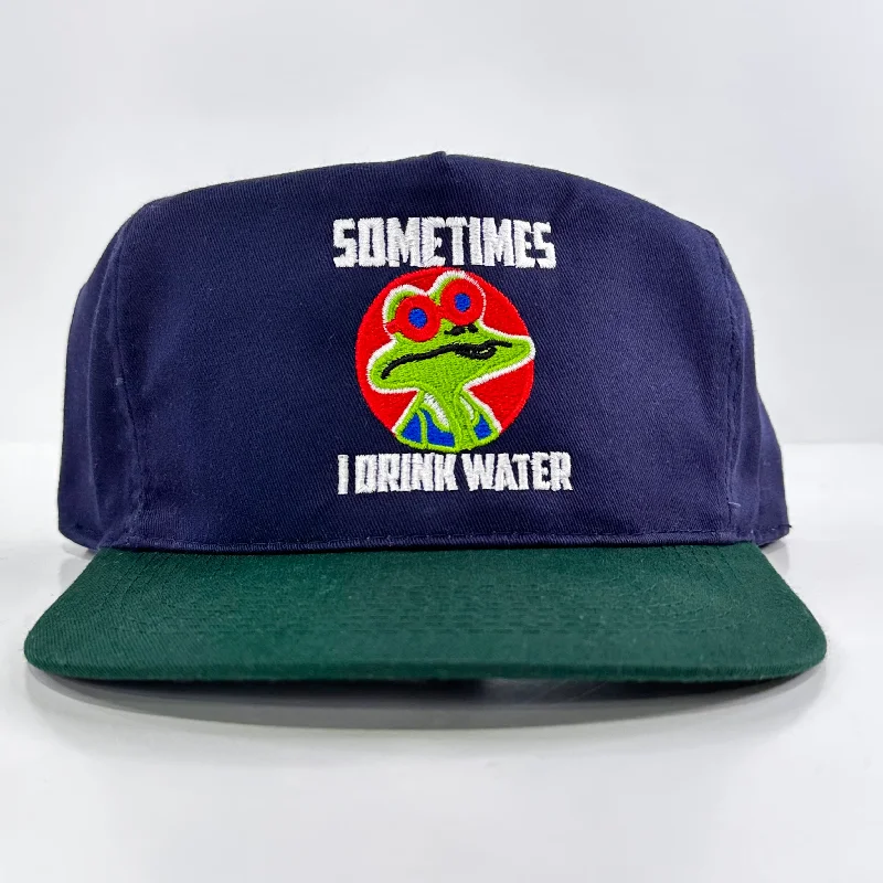 Beanies & headbands for mountain views-Sometimes I Drink Water on a blue crown green brim Strapback hat cap Collab potent frog custom embroidered