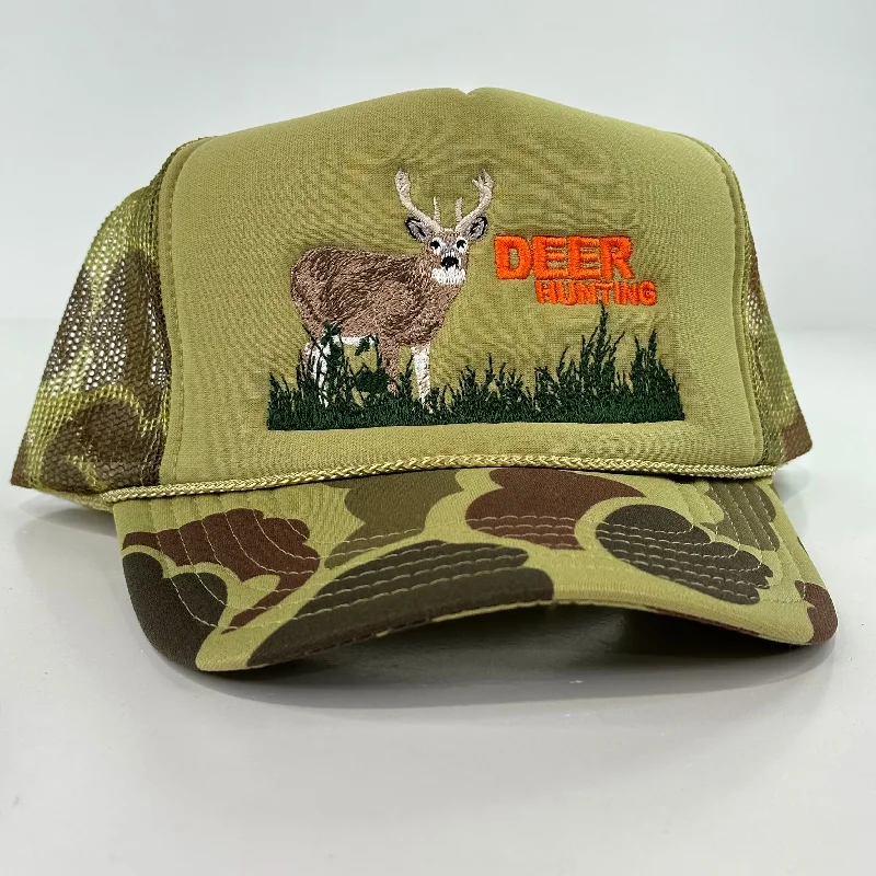 Beanies & headbands for swap wears-Deer Hunter on a Camo mesh trucker Snapback hat cap Collab Justin Stagner Custom Embroidery