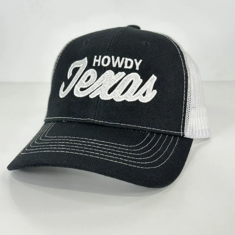 Beanies & headbands for basketball love-Howdy Texas on a Black White Mesh SnapBack Hat Cap Custom Embroidered