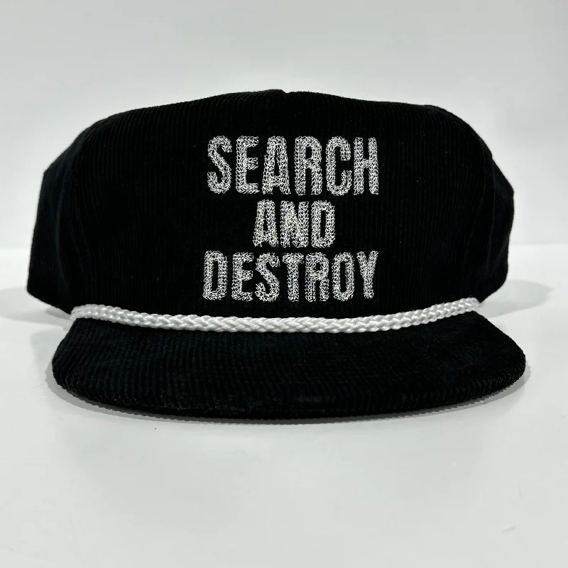 Beanies & headbands for thrift scores-SEARCH AND DESTROY White Rope Black Cordaroy SnapBack Cap Hat Custom Embroidered