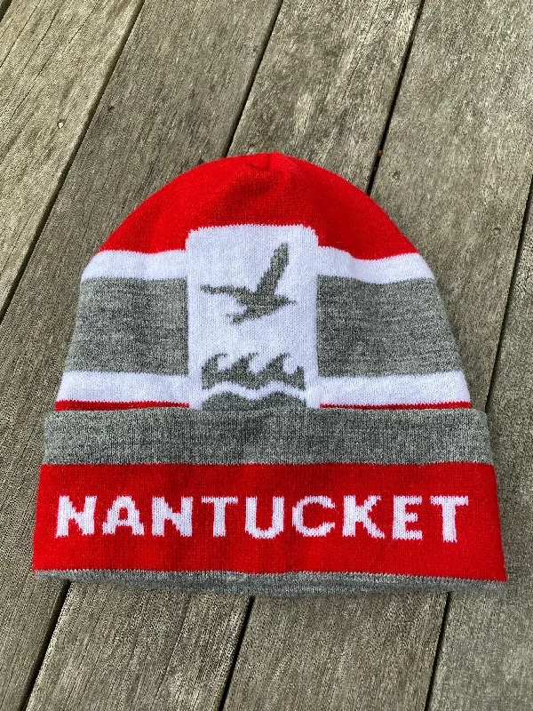 Beanies & headbands for cosplay fun-Winter Hat in Red with Gray/White multi-stripes, large NCF logo, and Nantucket written on the brim.