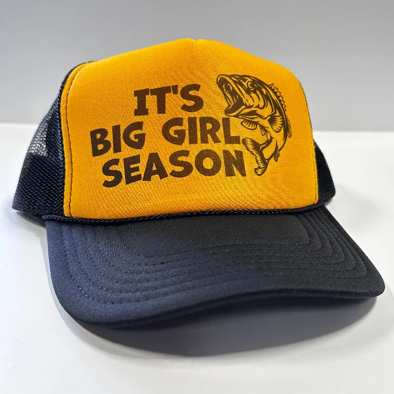 Beanies & headbands for long outings-ITS BIG GIRL SEASON Black Mesh Funny Trucker Fishing SnapBack Hat Cap Custom Printed