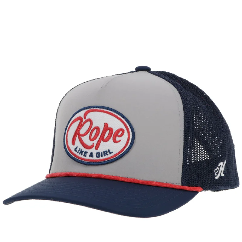 Beanies & headbands for freebies-Youth "Rope Like A Girl" Hat Grey/Navy w/Red/White & Blue Patch