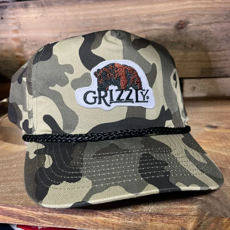 Beanies & headbands for real wear-Custom Grizzly Camo Black Patch Rope Snapback Cap Hat