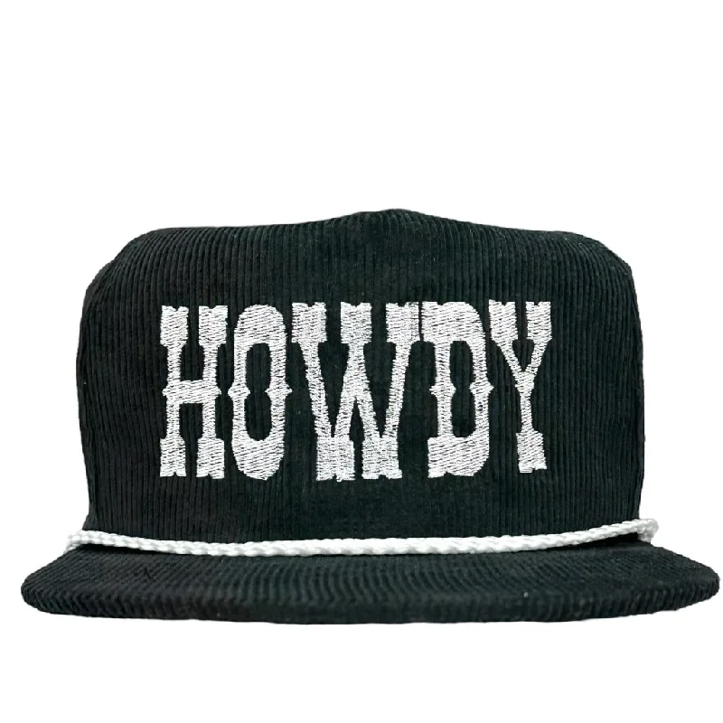 Beanies & headbands for grunge feels-Howdy on a black corduroy rope SnapBack Hat Cap custom embroidery