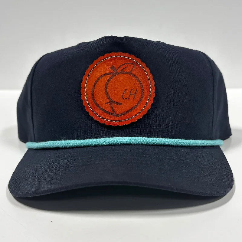 Beanies & headbands for sweat control-Peach Ass Leather Patch Sewn on Golf Navy Crown Hat Cap with teal rope