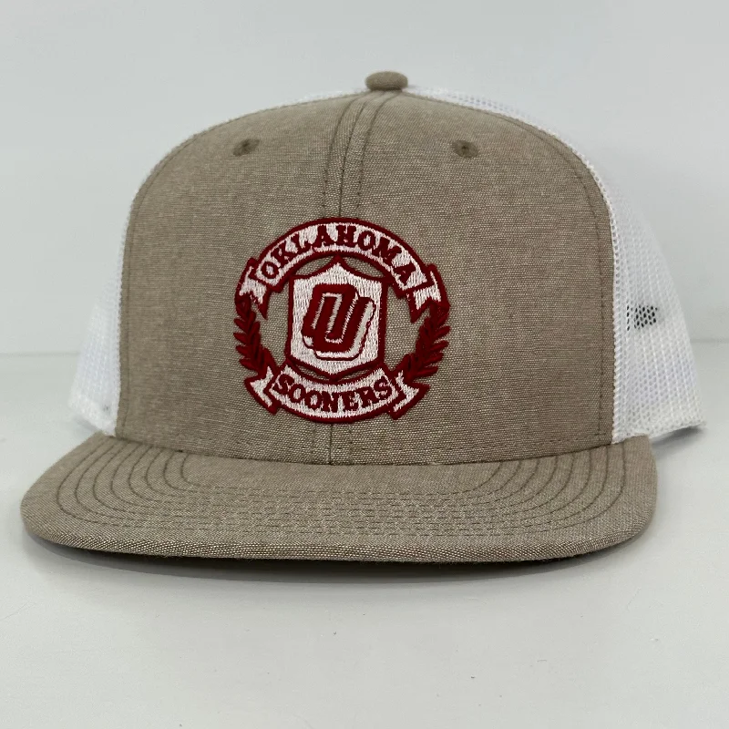 Beanies & headbands for own designs-Custom Oklahoma Sooners Patch on a tan and white Mesh SnapBack Hat Cap