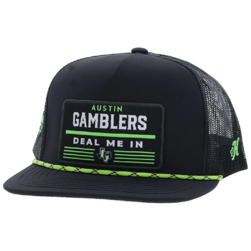 Beanies & headbands for tiny heads-"Austin Gamblers" Hat Black w/Black/White & Neon Green Patch