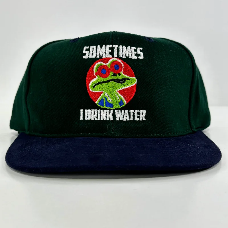 Beanies & headbands for forest walks-Sometimes I drink Water on a green crown navy brim Strapback hat cap collab potent frog custom embroidery