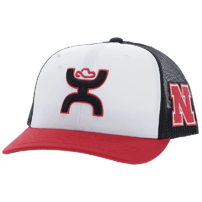 Beanies & headbands for edge vibes-University Of Nebraska White/Black Hat w/Black & Red Hooey Logo