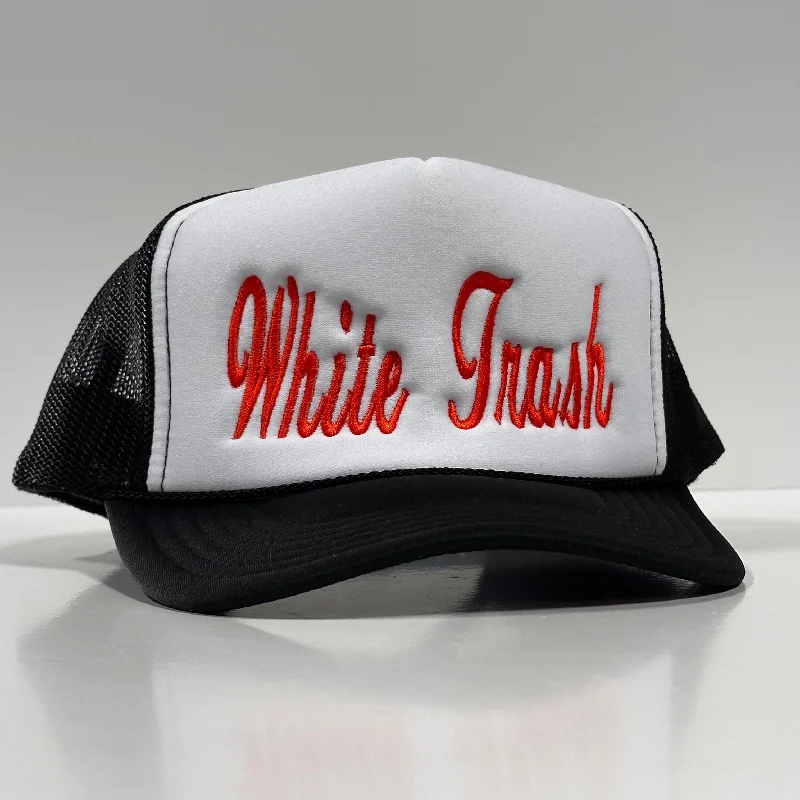 Beanies & headbands for flower patterns-White Trash on a Vintage Black mesh Trucker SnapBack Hat Cap Custom Embroidery Chris Chapman