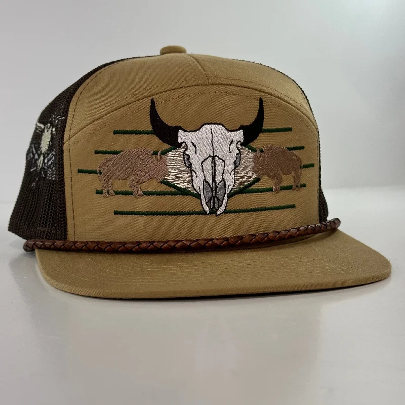 Beanies & headbands for artists-Buffalo & Cow Skull 7 Panel Leather Rope SNAPBACK Mesh Trucker Cap HAT Custom Embroidered