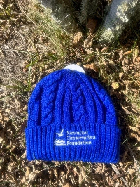 Beanies & headbands for local vibes-Winter Hat in Cobalt Blue Cable-knit Pattern with Nantucket Conservation Foundation and Logo on Brim