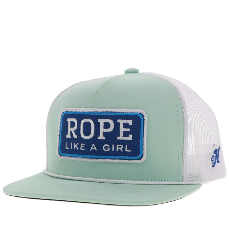 Beanies & headbands for show nights-"Rope Like A Girl" Hat Mint/White w/Blue & Turquoise Patch