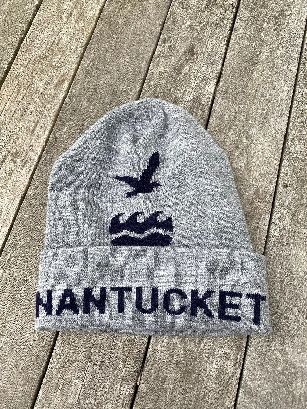 Beanies & headbands for show styles-Winter Hat in Gray with NCF Logo and NANTUCKET Written in Navy on the Brim.