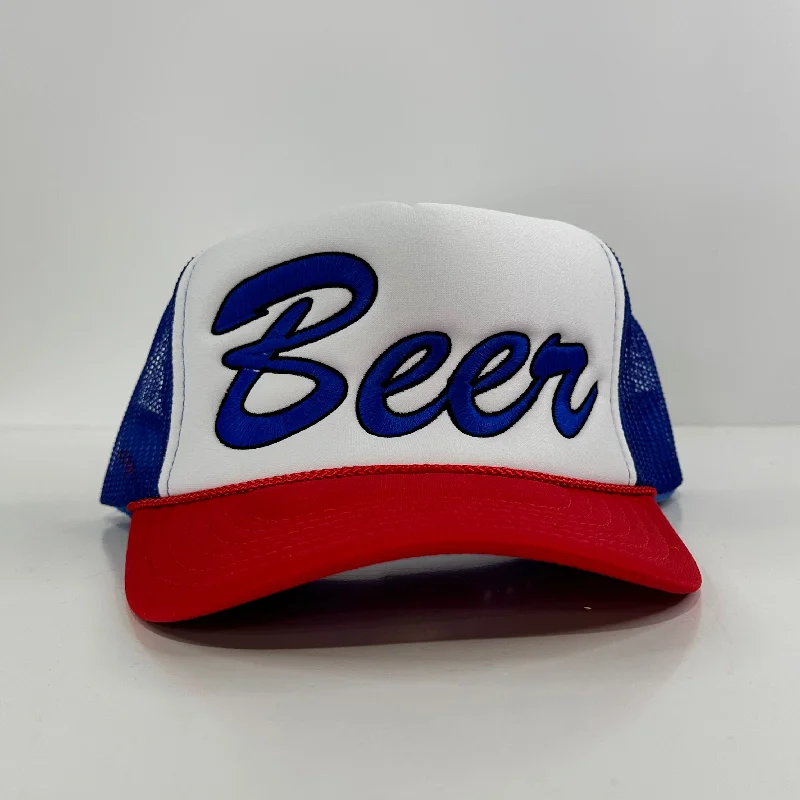 Beanies & headbands for muggy weather-Beer on a red white blue mesh trucker SnapBack hat cap Collab rowdy Roger custom embroidery