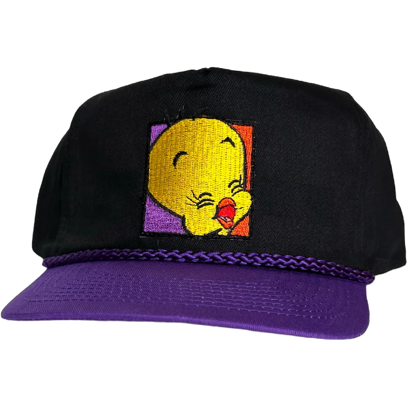 Beanies & headbands for trade goods-Custom Tweety Bird patch Vintage Black Crown Purple Brim ZipBack Hat Cap with rope