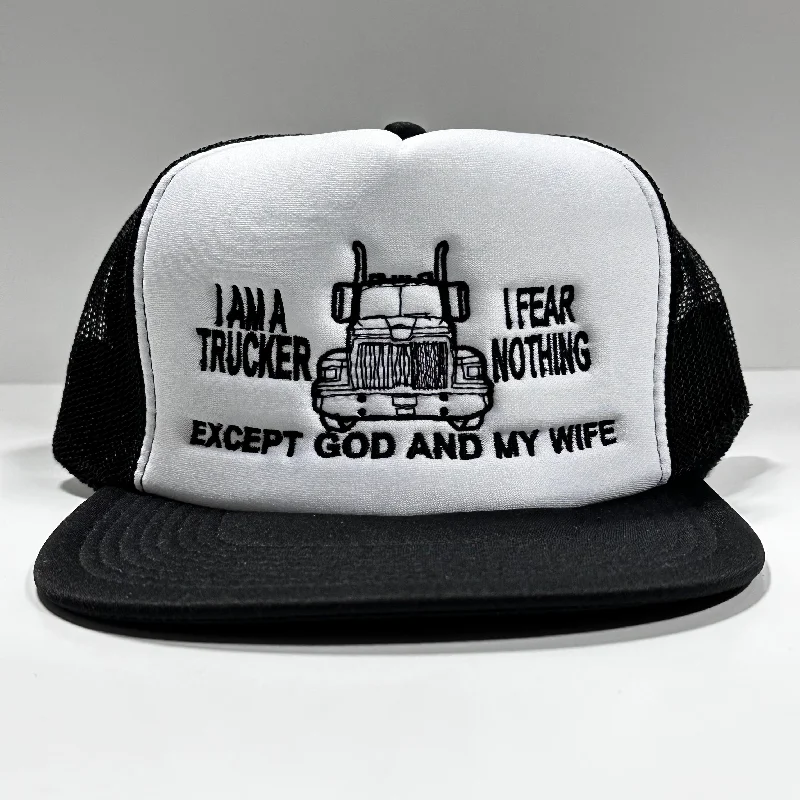 Beanies & headbands for turban looks-I am a trucker I fear nothing except God and my Wife Vintage Black Mesh Trucker Snapback Hat Cap Custom Embroidery