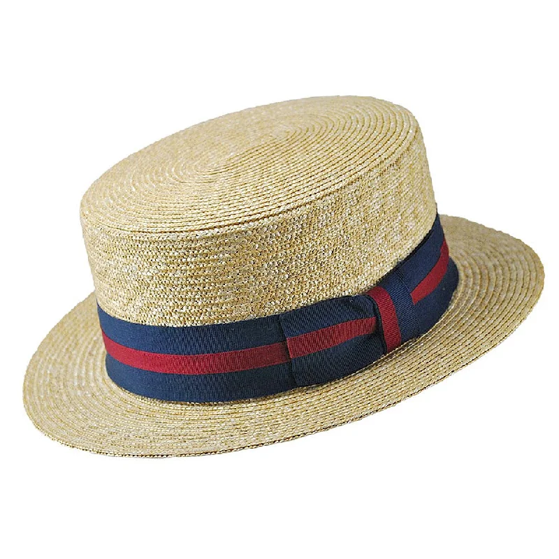 Beanies & headbands for weekday wear-Straw Boater Hat with Striped Band - Natural