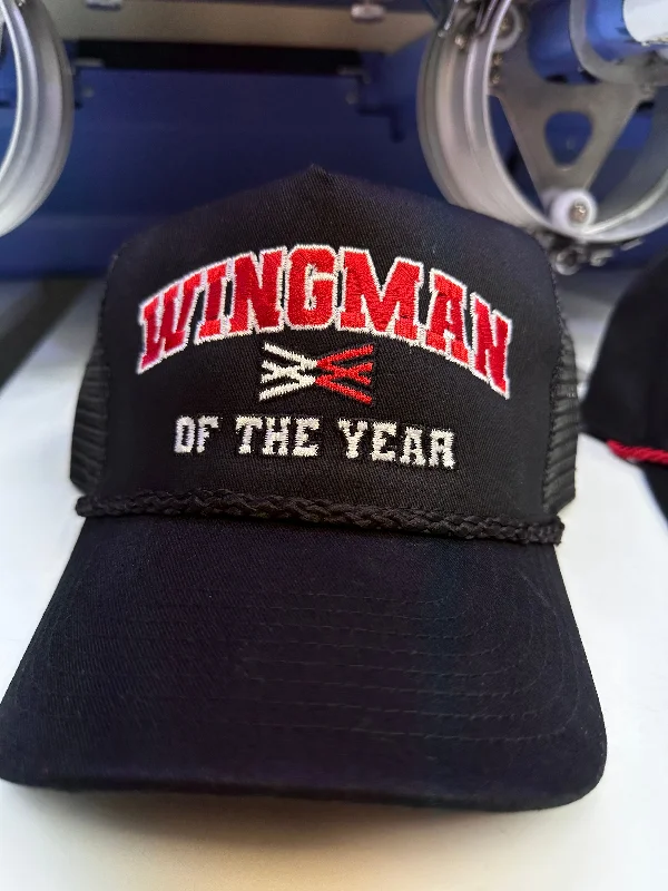 Beanies & headbands for cool minds-Wingman of the year on a black SnapBack Hat Cap with black rope Collab Wingman of the year Wotyofficial Custom Embroidered