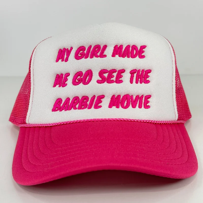 Beanies & headbands for logo prints-MY GIRL MADE  ME GO SEE THE BARBIE MOVIE MESH SNAPBACK TRUCKER SNAPBACK CAP HAT Custom Embroidered